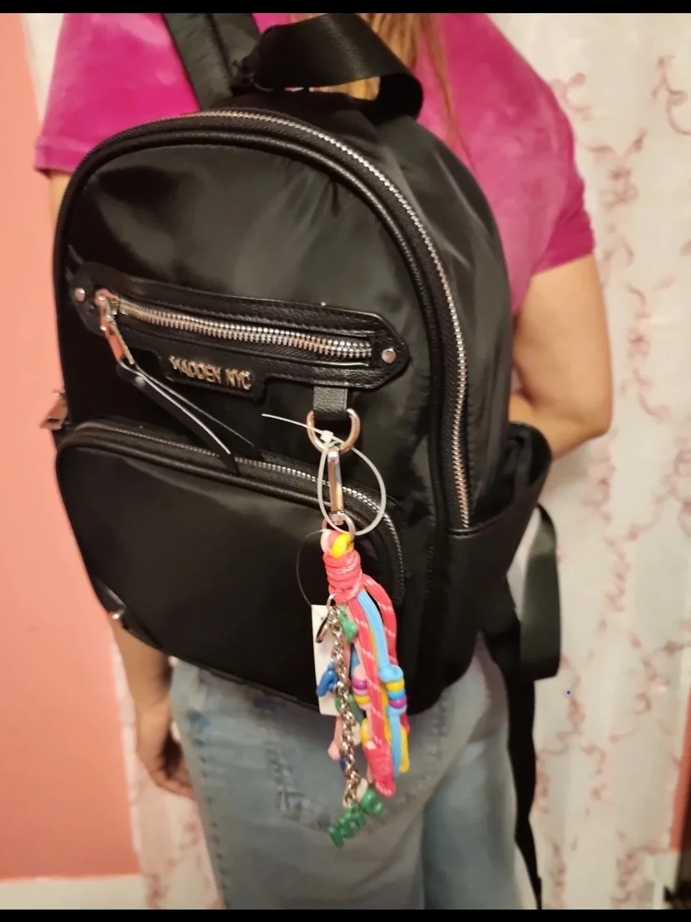 Madden NYC Black Mini Backpack with Colorful Keychain Accent
